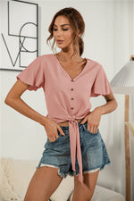 Load image into Gallery viewer, Decorative Button V-Neck Tied Blouse