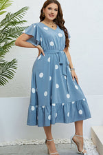 Load image into Gallery viewer, Polka Dot Belted Flutter Sleeve Ruffle Hem Dress