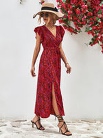 Load image into Gallery viewer, Printed Surplice Neck Flutter Sleeve Slit Dress