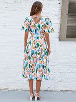 Load image into Gallery viewer, Printed Tie-Waist V-Neck Flutter Sleeve Dress