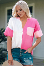 Load image into Gallery viewer, Color Block Textured Johnny Collar Blouse