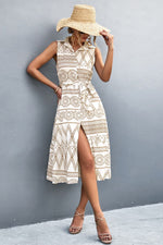 Load image into Gallery viewer, Printed Button Front Tie-Waist Sleeveless Collared Dress