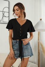 Load image into Gallery viewer, Decorative Button V-Neck Tied Blouse