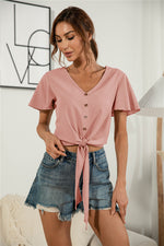 Load image into Gallery viewer, Decorative Button V-Neck Tied Blouse