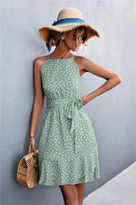 Load image into Gallery viewer, Printed Tie Waist Ruffle Hem Sleeveless Dress