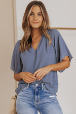 Load image into Gallery viewer, Gathered Detail Notched Neck Flutter Sleeve Top
