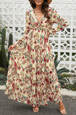 Load image into Gallery viewer, Floral Frill Trim Flounce Sleeve Plunge Maxi Dress
