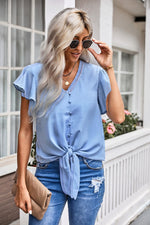 Load image into Gallery viewer, V-Neck Tie Hem Flutter Sleeve Blouse
