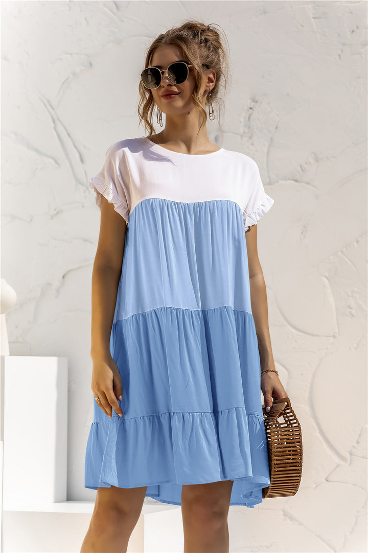 Color Block Round Neck Ruffle Hem Dress