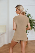 Load image into Gallery viewer, Ribbed Round Neck Pocket Knit Top and Shorts Set
