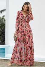 Load image into Gallery viewer, Floral Frill Trim Flounce Sleeve Plunge Maxi Dress
