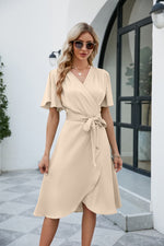 Load image into Gallery viewer, Tie Waist Flutter Sleeve Surplice Dress
