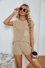 Load image into Gallery viewer, Ribbed Round Neck Pocket Knit Top and Shorts Set
