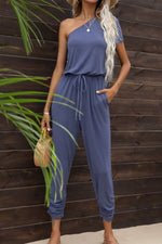 Load image into Gallery viewer, Drawstring Waist One-Shoulder Jumpsuit with Pockets
