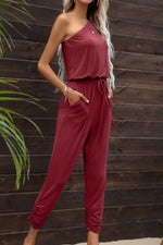 Load image into Gallery viewer, Drawstring Waist One-Shoulder Jumpsuit with Pockets
