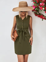 Load image into Gallery viewer, Buttoned V-Neck Belted Sleeveless Dress
