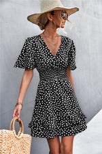 Load image into Gallery viewer, Printed Smocked Waist Layered Surplice Dress
