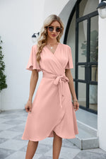 Load image into Gallery viewer, Tie Waist Flutter Sleeve Surplice Dress
