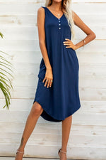 Load image into Gallery viewer, Buttoned V-Neck Curved Hem Sleeveless Dress
