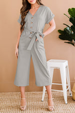 Load image into Gallery viewer, Button Front Belted Cropped Jumpsuit with Pockets
