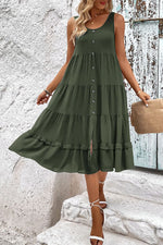 Load image into Gallery viewer, Decorative Button Scoop Neck Tiered Sleeveless Dress
