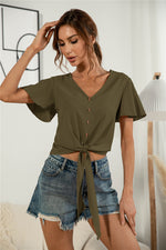 Load image into Gallery viewer, Decorative Button V-Neck Tied Blouse
