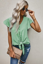 Load image into Gallery viewer, V-Neck Tie Hem Flutter Sleeve Blouse
