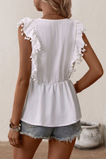 Load image into Gallery viewer, Embroidered Pom-Pom Trim Cap Sleeve Babydoll Top
