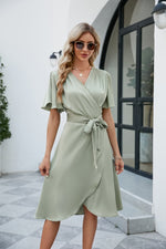 Load image into Gallery viewer, Tie Waist Flutter Sleeve Surplice Dress
