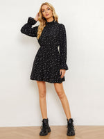 Load image into Gallery viewer, Printed  Long Flounce Sleeve Frill Neck Dress
