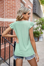 Load image into Gallery viewer, Eyelet Flutter Sleeve Scalloped V-Neck Top
