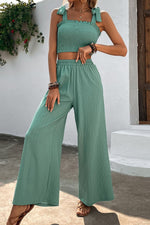 Load image into Gallery viewer, Tie Shoulder Smocked Crop Top and Wide Leg Pants Set
