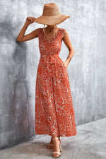 Load image into Gallery viewer, Printed V-Neck Tie Waist Maxi Dress
