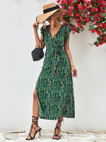 Load image into Gallery viewer, Printed Surplice Neck Flutter Sleeve Slit Dress
