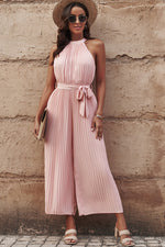 Load image into Gallery viewer, Accordion Pleated Belted Grecian Neck Sleeveless Jumpsuit
