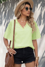 Load image into Gallery viewer, Swiss Dot Lace Trim Flutter Sleeve V-Neck Blouse
