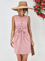 Load image into Gallery viewer, Buttoned V-Neck Belted Sleeveless Dress
