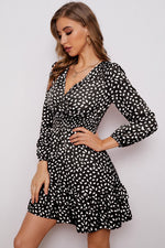 Load image into Gallery viewer, Printed Surplice Neck Puff Sleeve Ruffle Hem Dress
