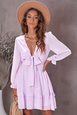 Load image into Gallery viewer, Tied Plunge Smocked Waist Flounce Sleeve Dress
