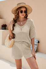 Load image into Gallery viewer, Openwork V-Neck Top and Shorts Set
