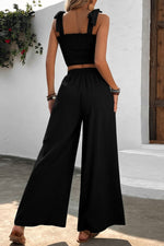 Load image into Gallery viewer, Tie Shoulder Smocked Crop Top and Wide Leg Pants Set
