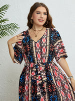 Load image into Gallery viewer, Plus Size Bohemian V-Neck Tie Belt Midi Dress
