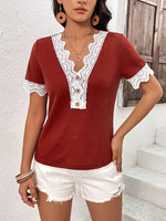 Load image into Gallery viewer, Decorative Button Spliced Lace Short Sleeve Top
