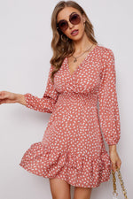 Load image into Gallery viewer, Printed Surplice Neck Puff Sleeve Ruffle Hem Dress
