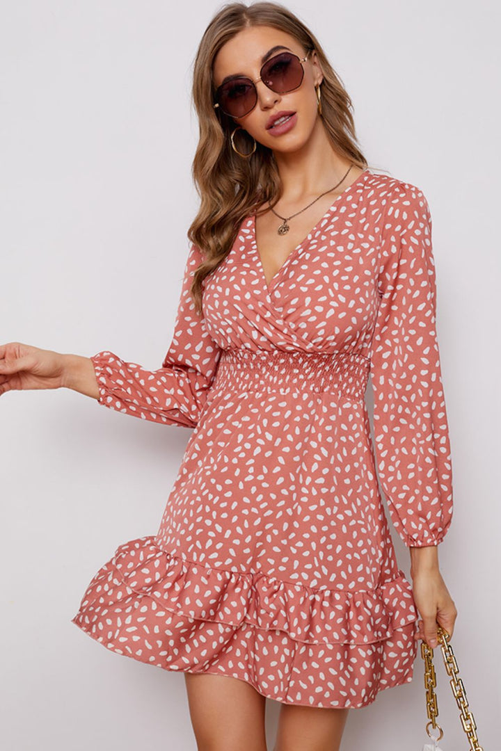 Printed Surplice Neck Puff Sleeve Ruffle Hem Dress