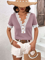 Load image into Gallery viewer, Decorative Button Spliced Lace Short Sleeve Top
