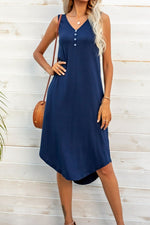 Load image into Gallery viewer, Buttoned V-Neck Curved Hem Sleeveless Dress
