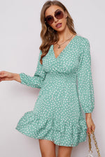 Load image into Gallery viewer, Printed Surplice Neck Puff Sleeve Ruffle Hem Dress
