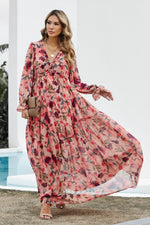 Load image into Gallery viewer, Floral Frill Trim Flounce Sleeve Plunge Maxi Dress
