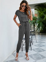 Load image into Gallery viewer, Drawstring Waist Short Sleeve Jogger Jumpsuit
